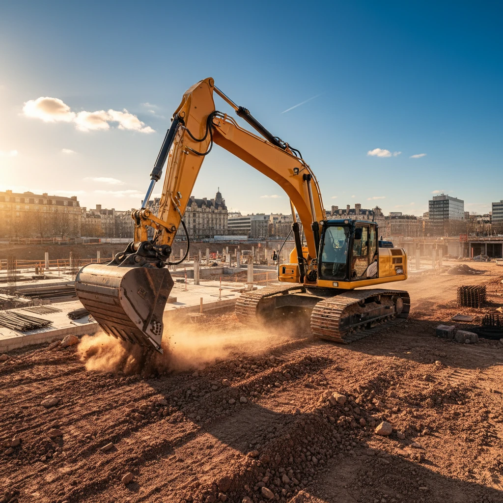 Engin de chantier sur un site BTP en ville